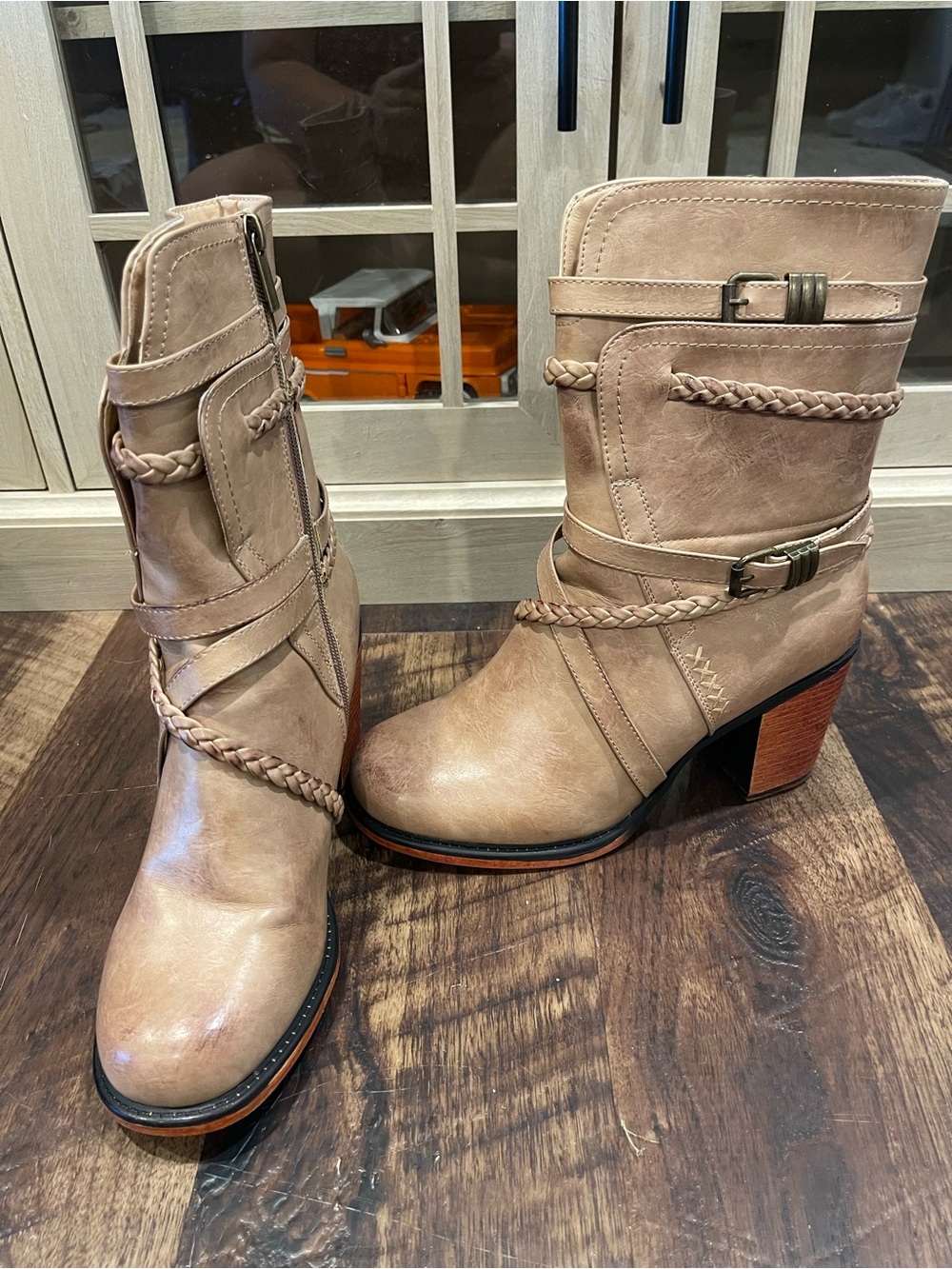 Vintage Taupe Braided Strap Mid-Calf Heeled Boots